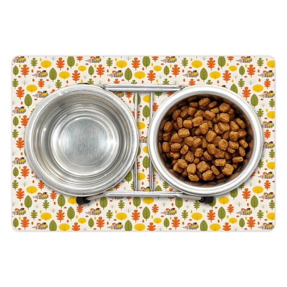 Hedgehog Pet Mat for Food and Water, Ornate Autumn Forest with Baby Spiky Animals Foliage of Woodlands Wildlife Pattern, Non-Slip Rubber Mat for Dogs and Cats, 18" X 12", by Ambesonne