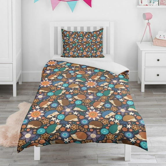 Hedgehog Pioneer Flower Duvet Cover and Pillowcase Set for Single Bedding, Bedroom Accessories for Kids Teens