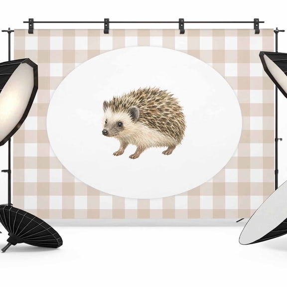 Hedgehog Plaid Backdrops for Photography, Rustic Farmhouse Cream Checked Animal Pattern Linen Texture Fabric Photo Background Sturdy Studio Props for Photo Studio, Video Recording Photoshoot 7x5ft