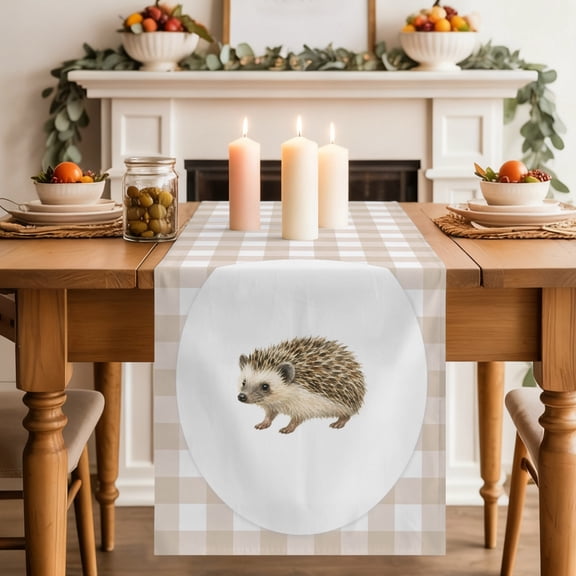 Hedgehog Plaid Dining Table Runner, Rustic Farmhouse Cream Checked Animal Linen Texture Washable Table Runners Kitchen Coffee Table Center Decor for Home Party Holiday Wedding 13 x 70 Inches