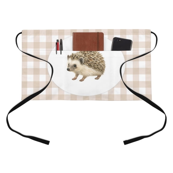 Hedgehog Plaid Kitchen Restaurant Half Waist Apron, Rustic Farmhouse Cream Checked Animal Linen Texture Server Short Apron with 3 Pockets Waterproof Oil Waist Aprons for Women Waitress Waiter
