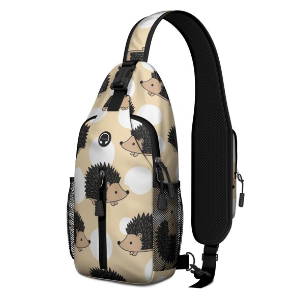 Hedgehog and Polkadot Beige Pattern Sling Backpack, Travel Shoulder Pack with Earphone Port, Multi Pocket Design Gift Ideas for Hiking Cycling Walking