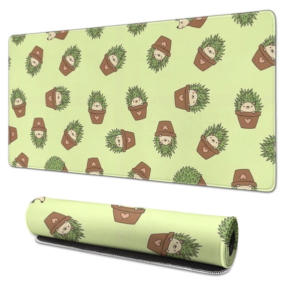 Hedgehog and Pot Green Pattern Extended Large Mouse Pad, Gaming Desk ...