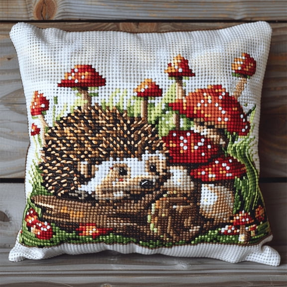 Hedgehog Printed Cross Stitch Pillow Case Kits , 17.72" x 17.72" , Handmade Embroidery Kit Needlepoint Home Decor for Sofa (11ct)