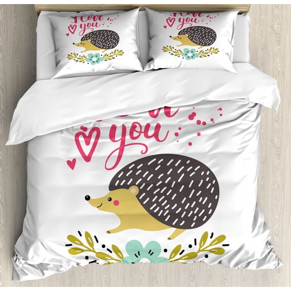 Hedgehog Queen Size Duvet Cover Set, Ink Splatter Spotted I Love You Quote and Floral Wreath with Forget-Me-Not Flower, Decorative 3 Piece Bedding Set with 2 Pillow Shams, Multicolor, by Ambesonne