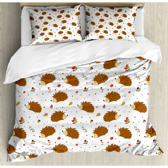 Hedgehog Queen Size Duvet Cover Set, Love of Nature Theme Nuts Leaves Mushrooms and Playful Woodland Animal for Kids, Decorative 3 Piece Bedding Set with 2 Pillow Shams, Multicolor, by Ambesonne