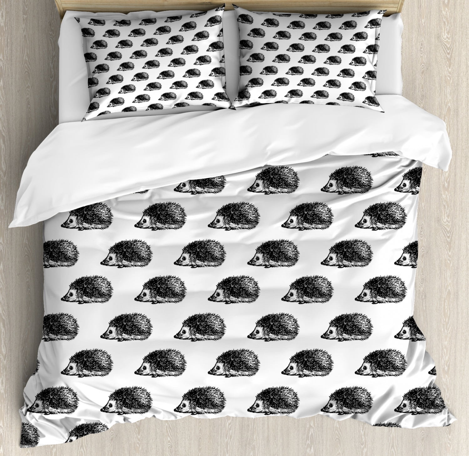 Hedgehog Sketch Black and White Queen Duvet Cover Set