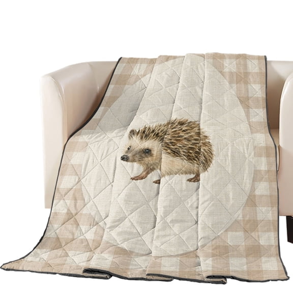 Hedgehog Quilted Comforters Cooling Blanket Queen Size, Retro Modern Hedgehog Linen Plaid Cold Comfort for Hot Sleepers Lightweight Air Conditioning Quilt Blanket for Bed