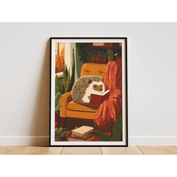 Hedgehog Reading Poster with Cozy Forest Animal Illustration Unframed Paper Print