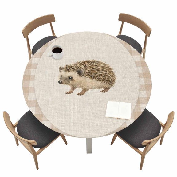 Hedgehog Round Fitted Table Cover Retro Modern Hedgehog Linen Plaid Waterproof Table Cloth with Elastic Edge Wipeable Tablecloth for Picnic Camping Party Fits 36"-44" Tables