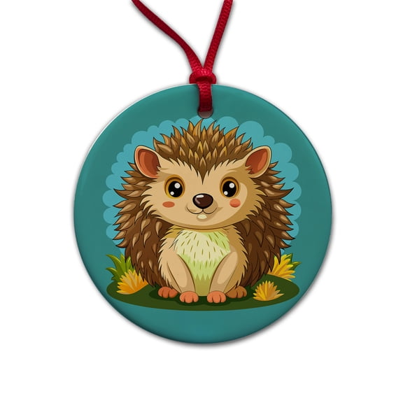 Hedgehog Smiling Cute Christmas Tree Holiday Round Ceramic Ornament