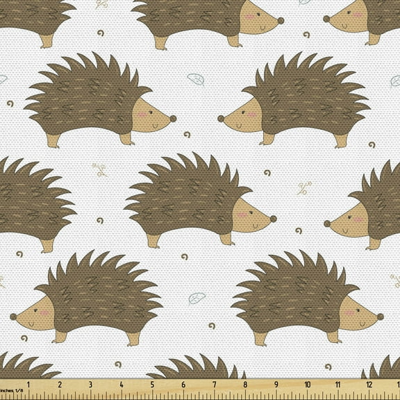 Ambesonne Hedgehog Fabric by the Yard Upholstery, Cartoon Porcupines, 2 Yards, Caramel Pale Brown White