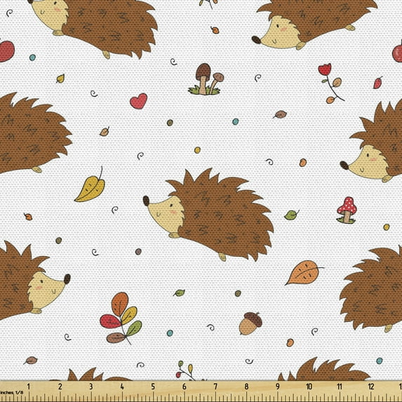 Ambesonne Hedgehog Fabric by the Yard Upholstery, Playful Forest Animals, 2 Yards, Multicolor