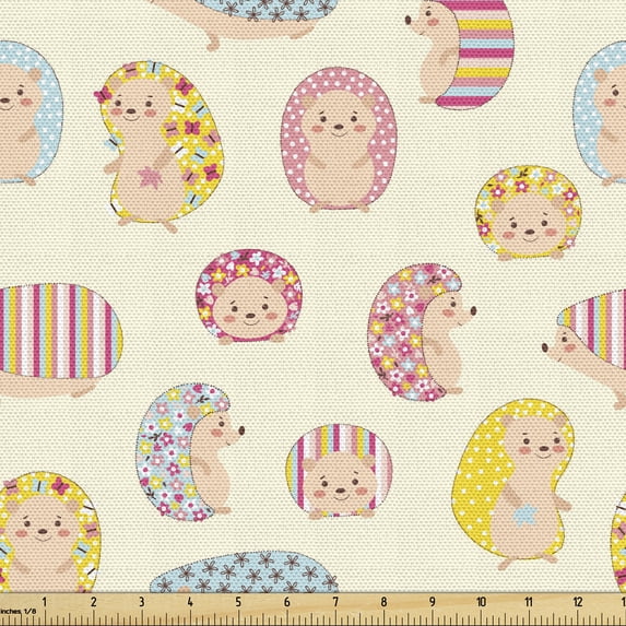 Hedgehog Sofa Upholstery Fabric by the Yard, Smiling Characters with Dotted Floral and Striped Prints Toddler, Decorative Fabric for DIY & Home Accents, 2 Yards, Multicolor by Ambesonne