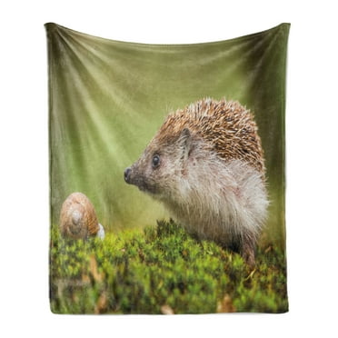 Hedgehog Soft Flannel Fleece Blanket, Animal Photography in Eastern Europe Slug with Hedgehog Scenes from Nature Print, Cozy Plush for Indoor and Outdoor Use, 50" x 70", Green Brown, by Ambesonne