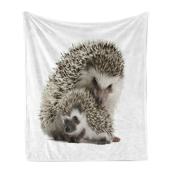 Hedgehog Soft Flannel Fleece Blanket, Atelerix Albiventris Photography with Mother and Children Love and Family Theme, Cozy Plush for Indoor and Outdoor Use, 60" x 80", Brown Ivory, by Ambesonne