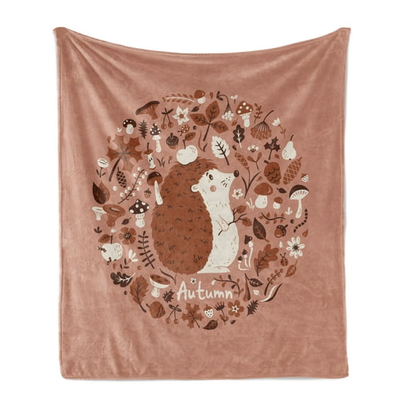 Hedgehog Soft Flannel Fleece Blanket, Autumn Theme Animal Image with Many Season Elements Pine Cone Leaves Soft Colors, Cozy Plush for Indoor and Outdoor Use, 70" x 90", Coral Brown, by Ambesonne