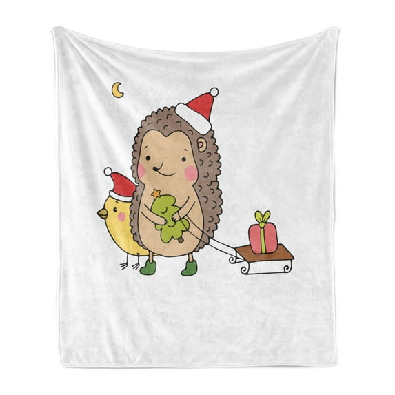 Hedgehog Soft Flannel Fleece Blanket, Cartoon Hedgehog with Bird and a Christmas Tree Pulling Sled Holiday Themed Image, Cozy Plush for Indoor and Outdoor Use, 50" x 60", Multicolor, by Ambesonne
