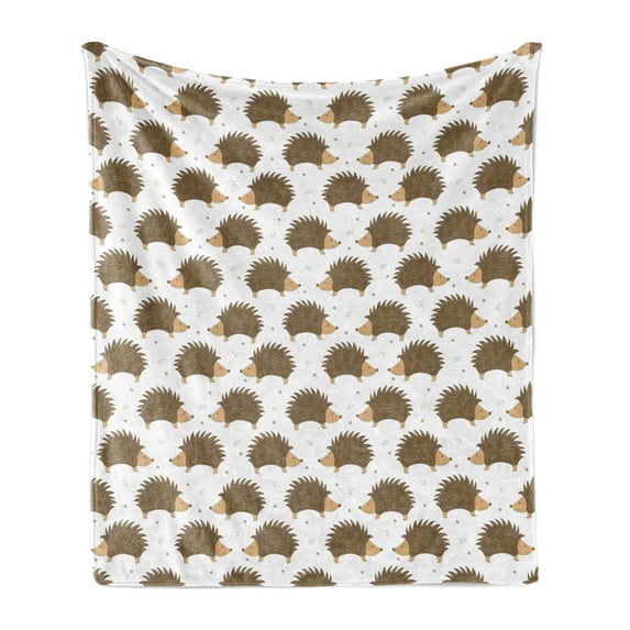 Hedgehog Soft Flannel Fleece Blanket, Cartoon Style Porcupine Mascots with Tiny Little Swirls and Leaves, Cozy Plush for Indoor and Outdoor Use, 70" x 90", Caramel Pale Brown White, by Ambesonne