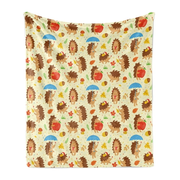 Hedgehog Soft Flannel Fleece Blanket, Cartoon Style Woodland Animal in Various Activities on Colorful Dotted Background, Cozy Plush for Indoor and Outdoor Use, 70" x 90", Multicolor, by Ambesonne