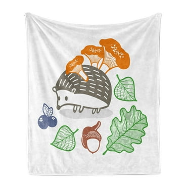 Hedgehog Soft Flannel Fleece Blanket, Colorful Hedgehog with Various Edible Items Mushrooms Nuts and Leaves Animal Diet, Cozy Plush for Indoor and Outdoor Use, 70" x 90", Multicolor, by Ambesonne