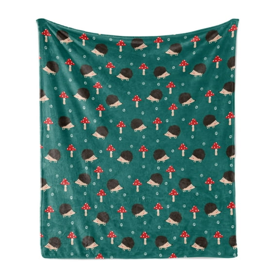 Hedgehog Soft Flannel Fleece Blanket, Forest Life Inspired Pattern with Amanita Mushrooms Rodent Animals Woodland Themed, Cozy Plush for Indoor and Outdoor Use, 50" x 60", Multicolor, by Ambesonne