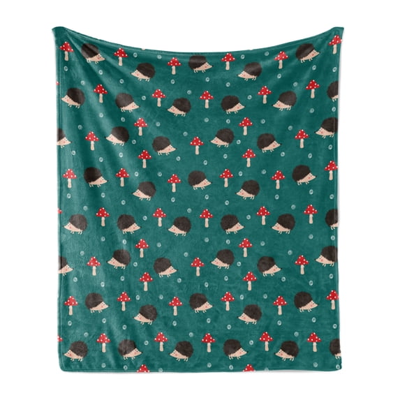 Hedgehog Soft Flannel Fleece Blanket, Forest Life Inspired Pattern with Amanita Mushrooms Rodent Animals Woodland Themed, Cozy Plush for Indoor and Outdoor Use, 70" x 90", Multicolor, by Ambesonne
