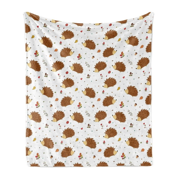 Hedgehog Soft Flannel Fleece Blanket, Love of Nature Theme Nuts Leaves Mushrooms and Playful Woodland Animal Composition, Cozy Plush for Indoor and Outdoor Use, 70" x 90", Multicolor, by Ambesonne