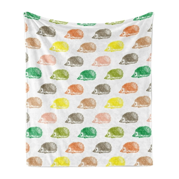 Hedgehog Soft Flannel Fleece Blanket, Print of Pencil Drawn Colorful Hedgehogs Arranged on a Plain Background, Cozy Plush for Indoor and Outdoor Use, 50" x 60", White and Multicolor, by Ambesonne