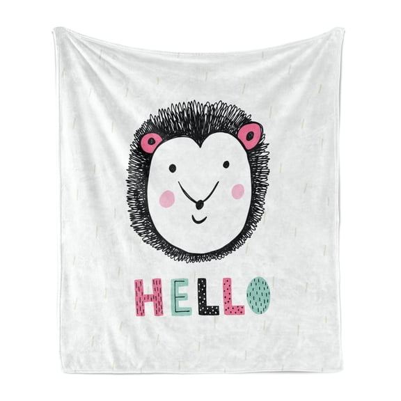 Hedgehog Soft Flannel Fleece Blanket, Sketch Animal Typographic Colorful Hello Message on Rainy Background, Cozy Plush for Indoor and Outdoor Use, 60" x 80", Pink Baby Blue and Black, by Ambesonne