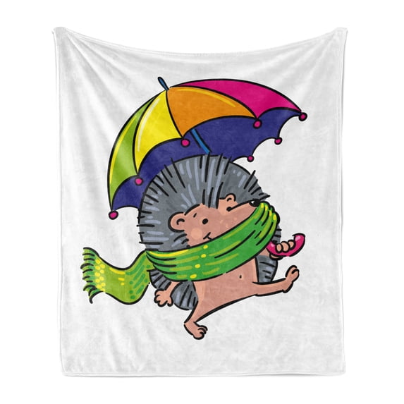 Hedgehog Soft Flannel Fleece Blanket, Smiling Animal with Spikes and Scarf Rainbow Colored Umbrella Walking Winter Theme, Cozy Plush for Indoor and Outdoor Use, 50" x 60", Multicolor, by Ambesonne