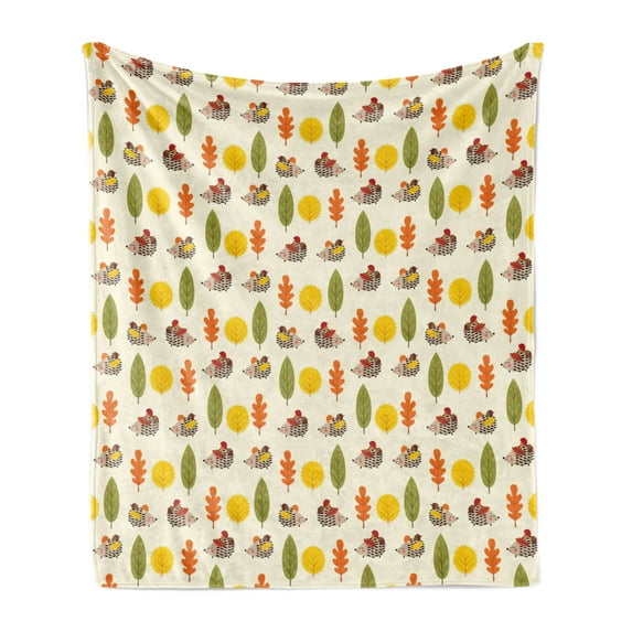 Hedgehog Soft Flannel Fleece Blanket, Various Autumn Leaves from Different Trees Animals Carrying Nuts Nature Inspired, Cozy Plush for Indoor and Outdoor Use, 50" x 70", Multicolor, by Ambesonne