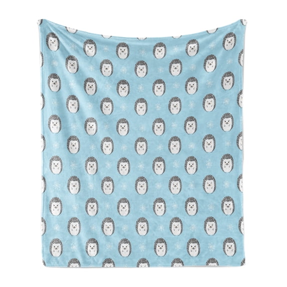 Hedgehog Soft Flannel Fleece Blanket, Watercolor Artwork Smiling Happy Characters with White Daisies on Blue, Cozy Plush for Indoor and Outdoor Use, 70" x 90", Pale Blue Grey White, by Ambesonne