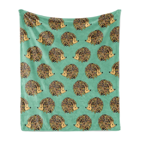 Hedgehog Soft Flannel Fleece Throw Blanket, Abstract Animal Design Cartoon Style Creatures Funny Faces Friendly, Cozy Plush for Indoor and Outdoor Use, 60" x 80", Sea Green Multicolor, by Ambesonne