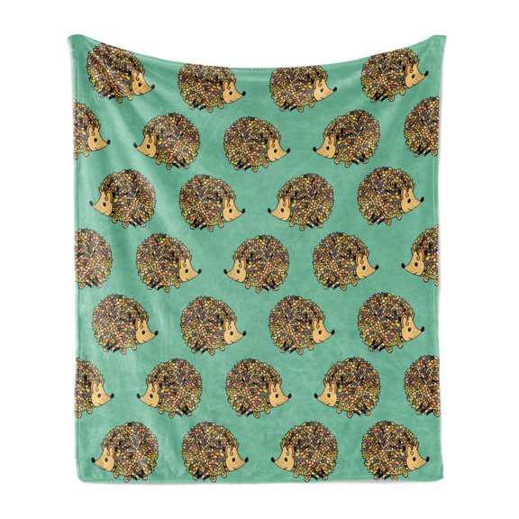Hedgehog Soft Flannel Fleece Throw Blanket, Abstract Animal Design Cartoon Style Creatures Funny Faces Friendly, Cozy Plush for Indoor and Outdoor Use, 70" x 90", Sea Green Multicolor, by Ambesonne