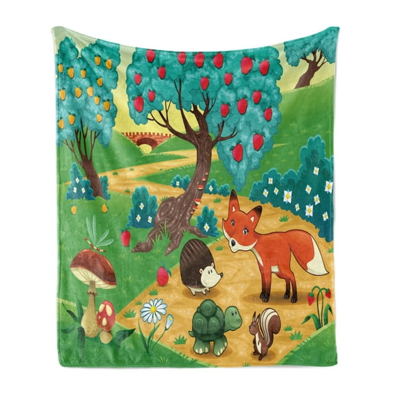 Hedgehog Soft Flannel Fleece Throw Blanket, Animals in the Woodland Dragonfly Fox Turtle and Fruit Trees of Apple and Pear, Cozy Plush for Indoor and Outdoor Use, 60" x 80", Multicolor, by Ambesonne