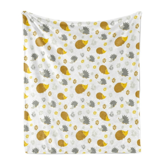 Hedgehog Soft Flannel Fleece Throw Blanket, Autumn in Woods Theme Different Wildlife Mascots with Little Flowers, Cozy Plush for Indoor and Outdoor Use, 50" x 70", Earth Yellow and Grey, by Ambesonne