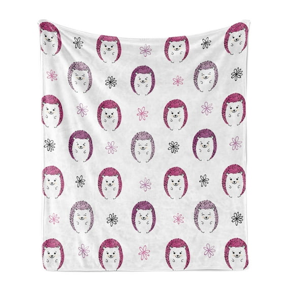 Hedgehog Soft Flannel Fleece Throw Blanket, Colorful Spiky Animals with Faces Doodle Flowers Cartoon Style Image, Cozy Plush for Indoor and Outdoor Use, 50" x 70", Pink Lilac Black, by Ambesonne