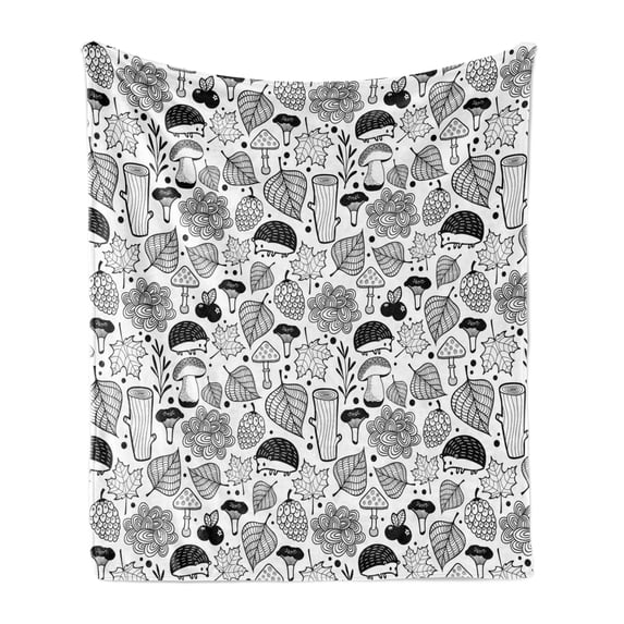 Hedgehog Soft Flannel Fleece Throw Blanket, Ecological Nature Elements Woodland Pattern Black and White Doodle Composition, Cozy Plush for Indoor and Outdoor Use, 50" x 60", Black White, by Ambesonne