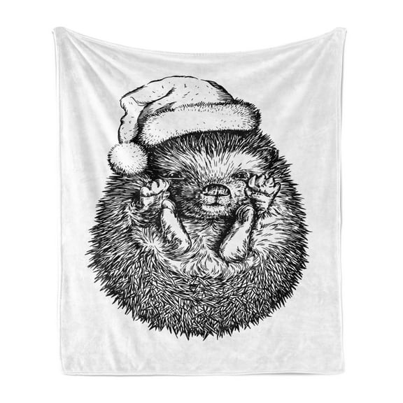 Hedgehog Soft Flannel Fleece Throw Blanket, Monochrome Hedgehog with Winter Attire Funny Hat Animal Fauna Image Print, Cozy Plush for Indoor and Outdoor Use, 50" x 70", Black White, by Ambesonne