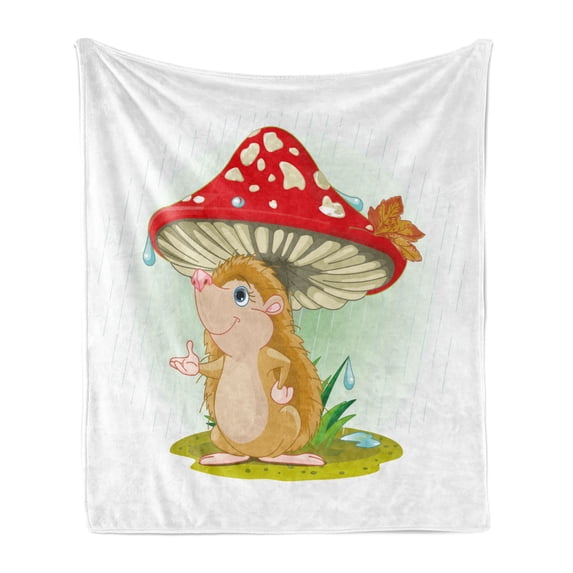 Hedgehog Soft Flannel Fleece Throw Blanket, Hedgehog Sheltering from the Rain Under an Oversized Mushroom Vivid Colors, Cozy Plush for Indoor and Outdoor Use, 70" x 90", Multicolor, by Ambesonne