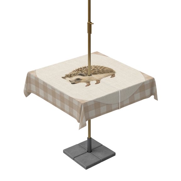 Hedgehog Square Outdoor Tablecloth with Umbrella Hole Retro Modern Hedgehog Linen Plaid 54x54 Inch Waterproof Table Cover Zippered Table Cloth for Garden Patio