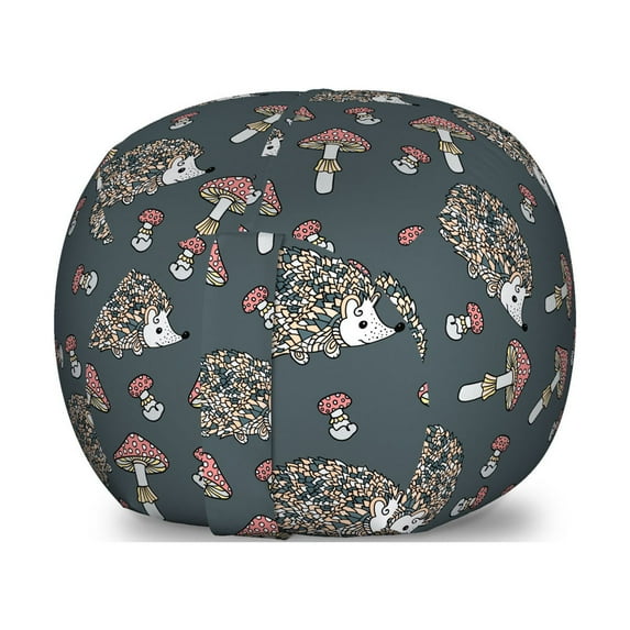 Hedgehog Storage Toy Bag Chair, Forest Animal in Floral Pattern with Mushrooms Cartoon, Stuffed Animal Organizer Washable Bag, Small Size, Charcoal Grey Coral and Ecru, by Ambesonne