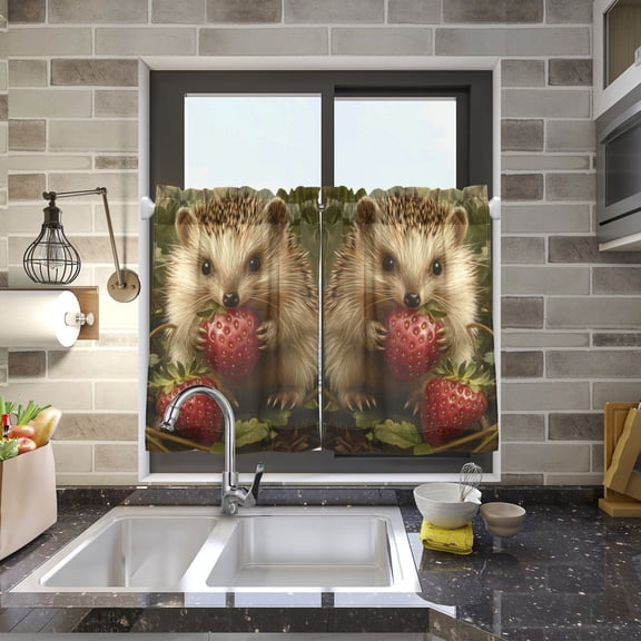Hedgehog Strawberry Kitchen Curtains Half Tier Curtain 2 Rod Pockets Bathroom Bedroom Cupborad Living Room 27"x24"