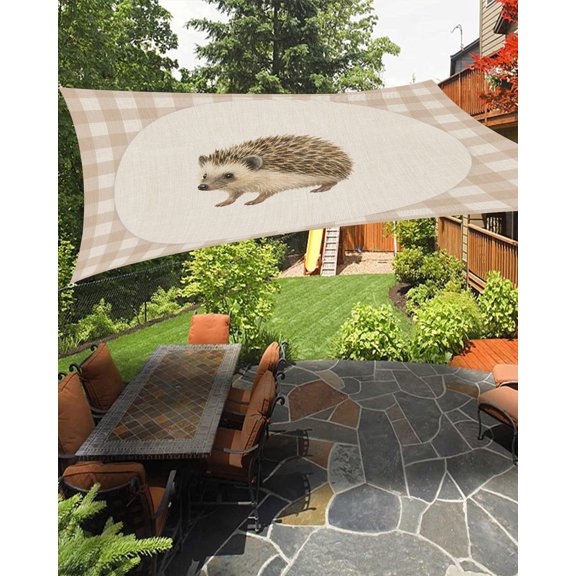 Hedgehog Sun Shade Sail 6.5'X10' Retro Modern Hedgehog Linen Plaid UV Block Outdoor Sail Shades Breathable Waterproof Rectangular Sunshade for Patio Garden Pool Pergola Porch