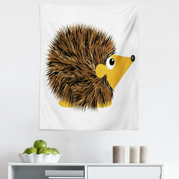 Hedgehog Tapestry, Cartoon Animal with a Happy Smile on Its Face Hedgehog Illustration Spikes, Fabric Wall Hanging Decor for Bedroom Living Room Dorm, 5 Sizes, Brown Earth Yellow, by Ambesonne