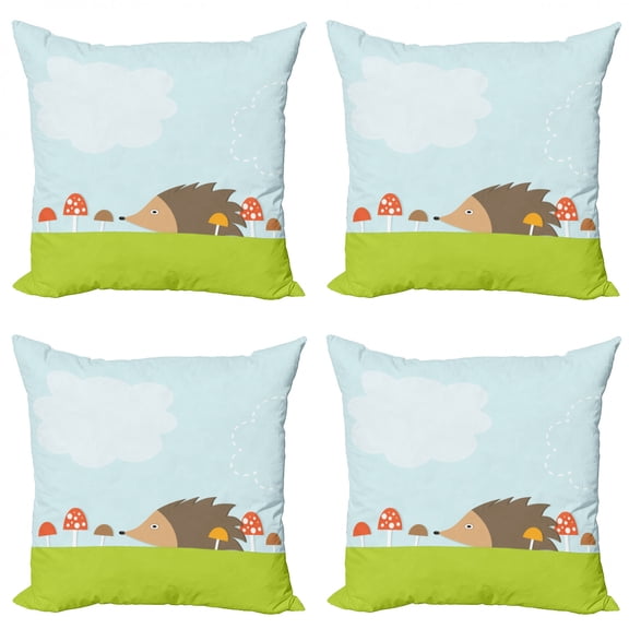 Ambesonne Hedgehog Throw Pillow Cover 4 Pack, Mushroom Field Animal, 16", Green Brown Pale Blue