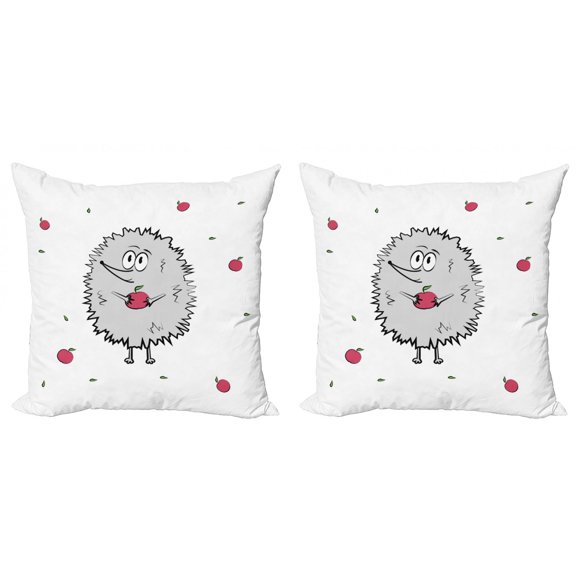Ambesonne Hedgehog Throw Pillow Cover 2 Pack, Happy Mammal Apples, 24", Grey Pink Green