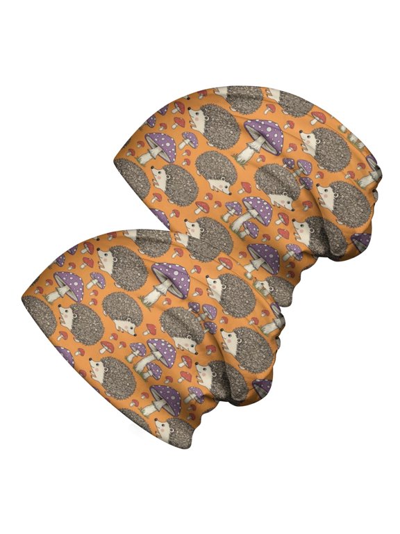 Hedgehog and Toadstool Orange Pattern 2 Pack Slouchy Beanie Hat, Warm Winter Skull Cap with Stretchy Fabric & Soft Texture, Lightweight Flexible Gifts for Unisex Men Women