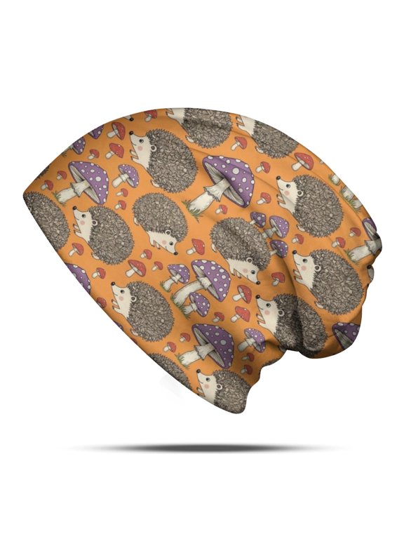 Hedgehog and Toadstool Orange Pattern Slouchy Beanie Hat, Casual Daily Hat with Stretchy Fabric & Soft Texture, Thermal Warm Gifts for Birthday Christmas Thanksgiving